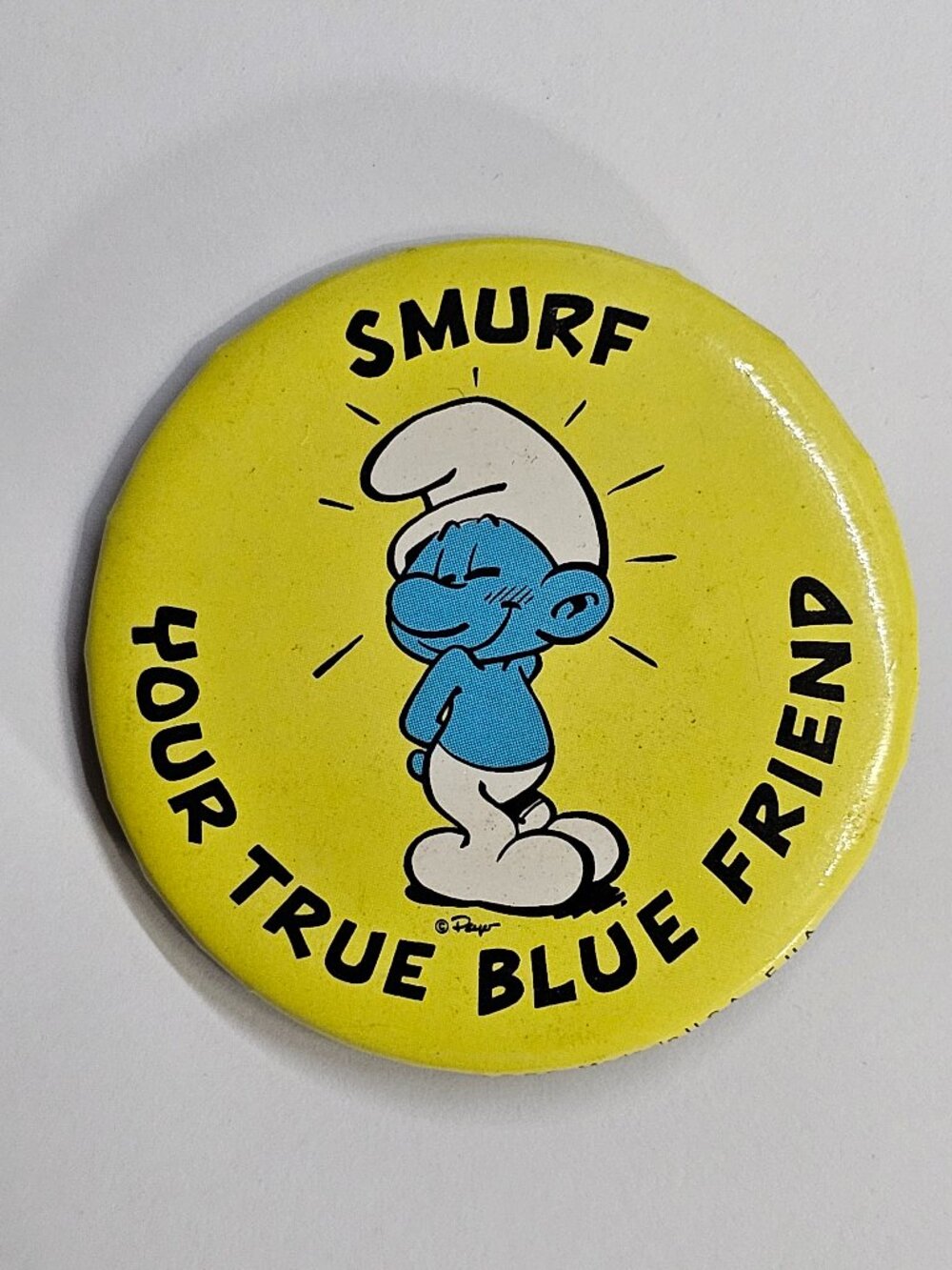 1980 SMURFS YOUR TRUE BLUE FRIEND PINBACK BUTTON VINTAGE CARTOON MOVIE WEAR